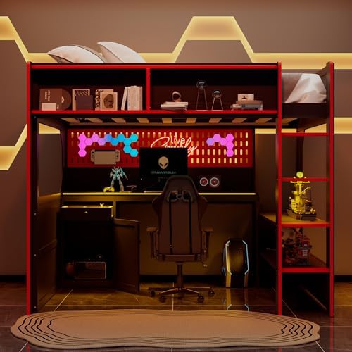 Merax Full Size Gaming Loft Bed with Integrated Desk and Lights, Black+Red by Merax