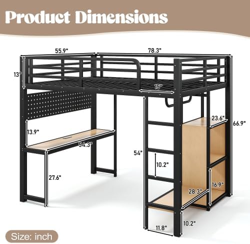 Bellemave Full Size Gaming Loft Bed with Desk, Peg Board, RGB Lights & USB Ports, Metal Full Loft Bed Frame with Storage Shelves & Hanging Rod for Teens Adults, Black - Image 2