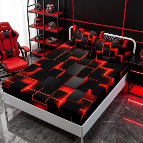 HOSIMA Red Black Geometric Queen Bedding Sets,1 Fitted Sheet+2 Pillowcases. by HOSIMA