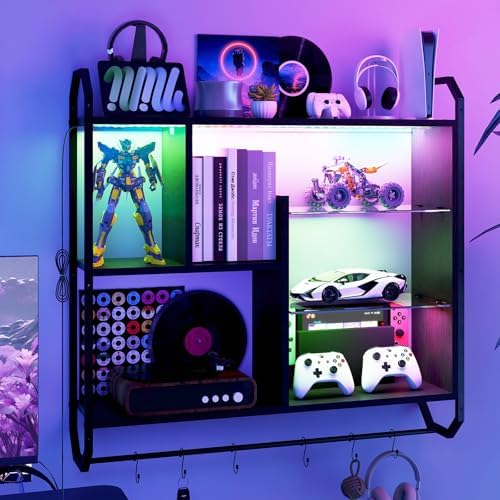 ELECWISH 34" Gaming Floating Shelves for Wall, LED Display Rack, Black by ELECWISH