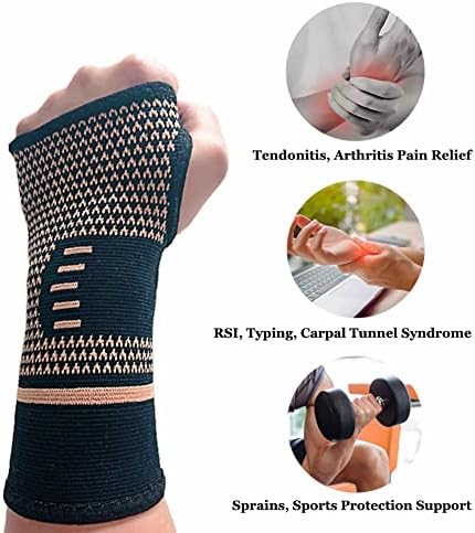 Copper Wrist Compression Sleeves(2PCS), Elastic Wrist Support Sleeve Wrist Brace for Tendonitis, Arthritis, Sprains Pain Relief, Breathable Carpal Tunnel Hand Brace for Sport, Fitness, Workout, Typing - Image 2