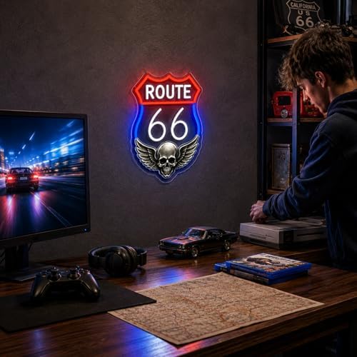 Route 66 Neon Sign Vintage LED Wall Decor Skull Wings Garage Man Cave Light - Image 7