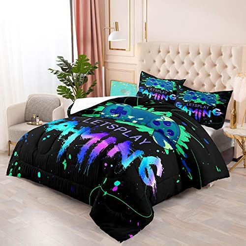 Game Comforter Set Fluffy Video Gaming Bedding Sets Gamer Room Decor Twin Size Colorful Black Gamepad Soft Game Bedding Set for Boys Teen 1 Comforter and 1 Pillowcase - Image 3