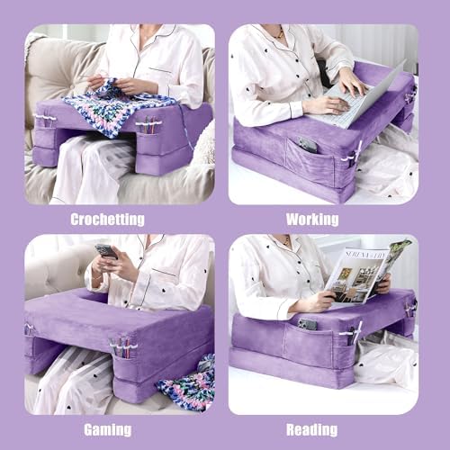 HOMBYS Adjustable Foam Crochet Pillow for Lap Support, Soft Velvet Reading & Gaming Pillow with Side Pocket and Elastic Band, Desk Pillow for Sofa, Bed & Floor, Heights for Adjusting (Purple) - Image 5