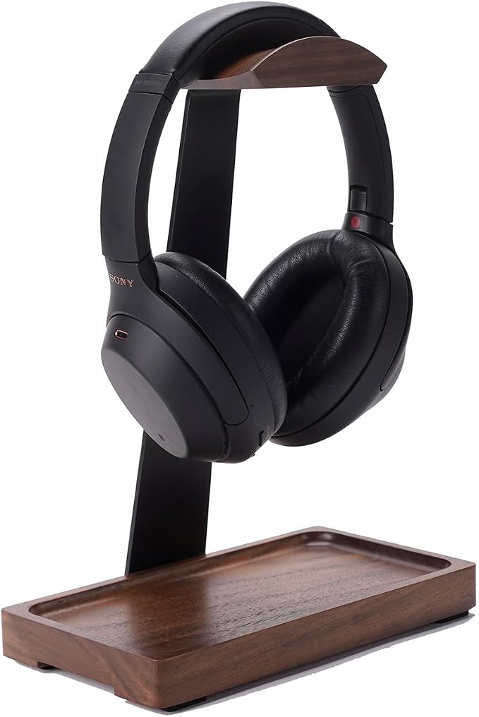 Walnut Headphone Stand, Wood Headset Holder for Desk with Storage | Wooden Gaming Headset Stand for AirPods Max/Bose/Razer/Sennheiser, American Black Walnut & Aluminum, Vintage Gift for Men by TechVibeJoy