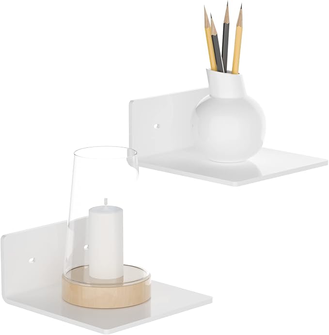 Sezanrpt 6 Inches Acrylic Small Wall Shelves 2 Pack, Floating Shelf for Wall Mounting, Acrylic Display Ledges for Funko Pop Figures, Home Décor, Living Room, Gaming Room, Plants(6 inch, White) by Sezanrpt