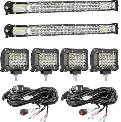 LED Light Bar Kit for Truck, (2) 26 Inch Slim LED Light Bars, (4) 4 Inch LED Lights Pods, (2) 12V 24V Wiring Harness Off-Road Driving Lights for Pickup Golf Cart SUV ATV UTV 4x4 Van Camper by SanYoung-AutomotiveLights