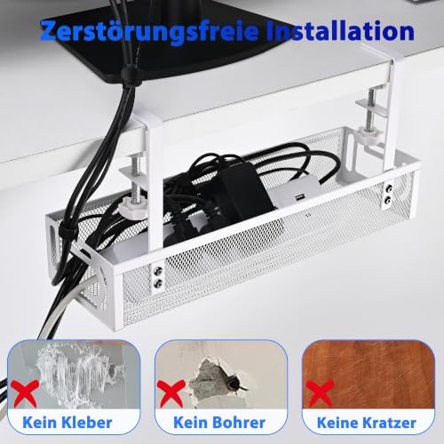 Under Desk Cable Management Tray Small – Clamp-Mounted Wire Organizer & Cord Management Under Desk Holder, No-Drill Metal Cable Tray for Home Office (White) - Image 3