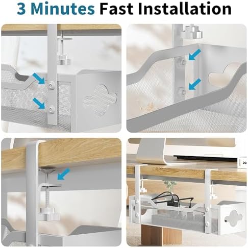 Under Desk Cable Management Tray 3 Pack, Cable Management Under Desk No Drill, Cable Organizer with Clamp for Wire Management, Cord Organizer for Office, Home - No Damage to Table (White) - Image 6
