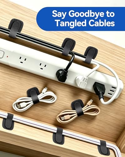 AGPTEK 80Pcs Self-Adhesive Cable Ties, Hook and Loop Cable Straps, Black - Image 3
