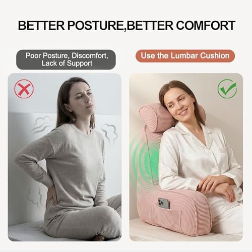 Reading Pillow for Sitting Up in Bed, Bed Rest Backrest Pillow with Arms, Corduroy Back Support Cushion with Side Pockets & Washable Cover, Comfort Support Pillow for Women & Moms, Pink - Image 5