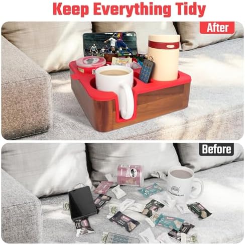 Couch Cup Holder Tray, Real Acacia Wooden Caddy with Soft Silicone, Snack and Drink Organizer- Perfect Movie Night Accessories for Bed, Remote and Cup Holders for Sofa (Red) - Image 3