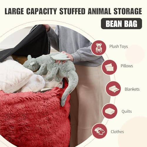 Bean Bag Cover (No Filler) - Faux Fur Beanbag Chairs Covers Only, Stuffed Animal Storage Bean Bag for Adults, Large Washable Beanbag Cover Without Filling, 5FT, Red - Image 3