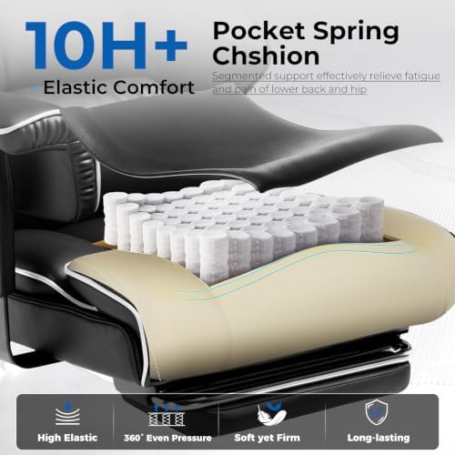 COMHOMA Big and Tall Office Chair,Heavy Duty Gaming Chair with Foot Rest and Wide Pocket Spring Cushion Reclining Height Adjustable for Home Office Work, Comfy Pu Leather Black-White - Image 3