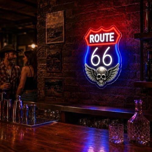 Route 66 Neon Sign Vintage LED Wall Decor Skull Wings Garage Man Cave Light - Image 4
