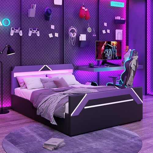 Merax Queen Size Gaming Bed with Built-in 7-Color LED Lighting Headboard, Side-Lift Hydraulic Storage Platform Bed, Cyberpunk Style, No Box Spring Needed, Black+Purple by Merax