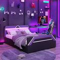 Merax Queen Size Gaming Bed with Built-in 7-Color LED Lighting Headboard, Side-Lift Hydraulic Storage Platform Bed, Cyberpunk Style, No Box Spring Needed, Black+Purple by Merax
