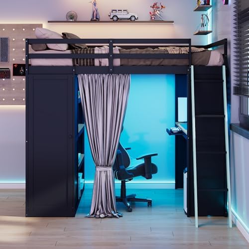 Merax Full Size Loft Bed with Desk and 6 Storage Shelves, Wardrobe, Blackout Curtain, Solid Wood Gaming Loft Bed Frame with USB Port & RGB Lights, No Box Spring Needed, Space-Saving, Black+Blue - Image 3