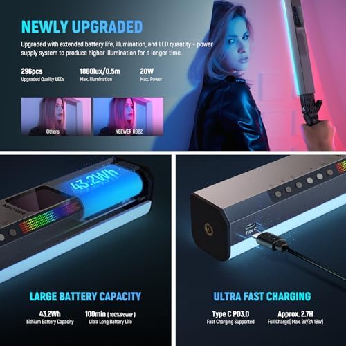 NEEWER RGB2 LED Tube Light Stick with Metal Barndoor, Handle, Touch Bar/APP/2.4G Control, Rechargeable Magnetic Handheld RGB Video Light, 2500K-10000K CRI98+ Dimmable Photography Lighting, 18 Scenes - Image 5