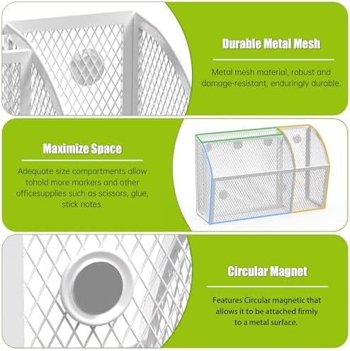 YINGHUA 3 Compartment Magnetic Metal Mesh Pen Holder, White Desk Caddy - Image 4