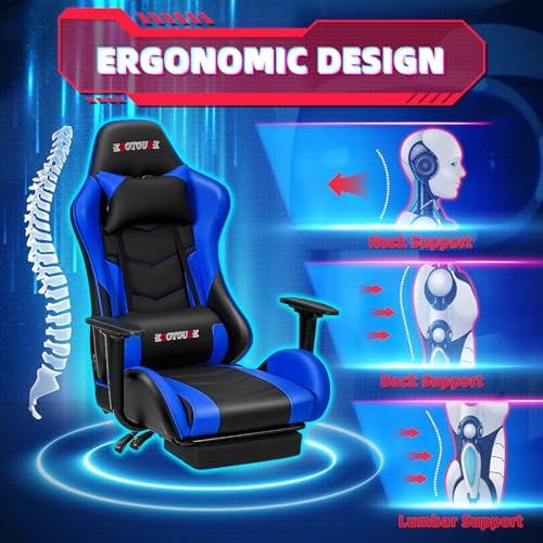 ECOTOUGE Blue Ergonomic PC Massage Gaming Chair with Footrest | Reclining Racing PU Leather, Swivel Rocker, Headrest, Lumbar Pillow, Office Desk Chair, Adjustable Height, Sturdy Base - Image 4