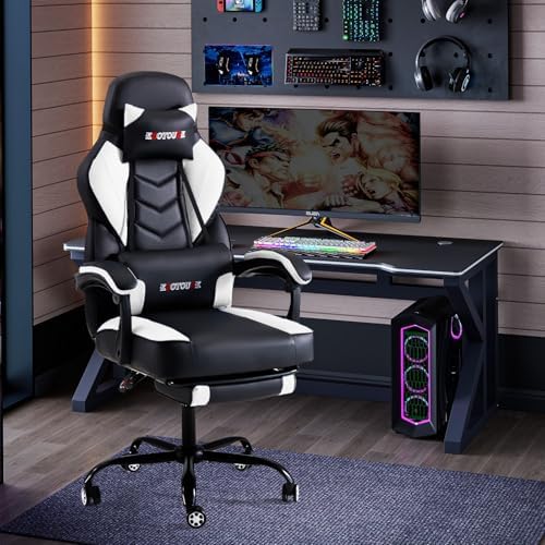 ECOTOUGE White Big and Tall Ergonomic Massage Gaming Chair with Footrest | Lumbar Support, Reclining High Back, 360° Swivel, Computer Chair, Sturdy, Comfortable, Height Adjustable, for Gaming & Office - Image 2
