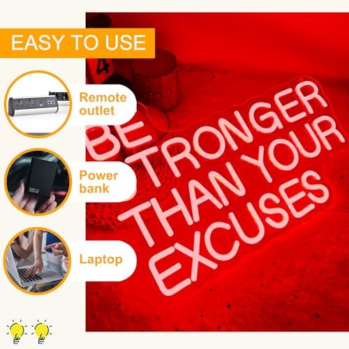 Allball Be Stronger Than Your Excuses Neon Sign, Gym Neon Light Motivational Sign USB Powered LED Dimmable, for Gym Office Classroom Bedroom Bar Gymnastic Athletes Sign(15.7 * 10.6 In) - Image 3