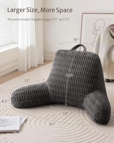 Blissful Diary Reading Pillow, Large Backrest Pillow with Shredded Memory Foam for Adult & Children, Designed for Bed and Couch Sitting Up, Includes Arms, Pockets and Washable Cover, Dark Gray - Image 2