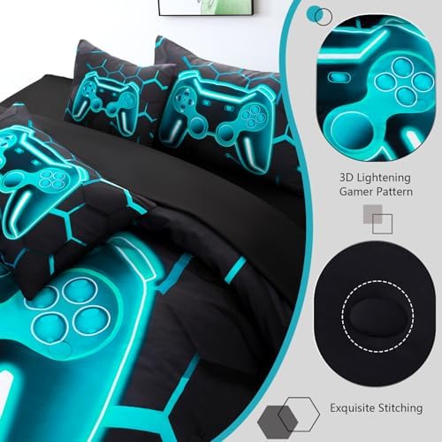 Game Console Teal Comforter Set Twin Size 6 Pieces Kids Gamer Bed in A Bag Gaming Bedding Set for Boys Girls 3D Video Games Lake Blue Bed Comforter Set with Sheets (Teal, Twin) - Image 5