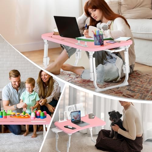 Lap Desk for Bed Adjustable Height, Foldable Bed Table with Storage Drawer, Tablet Slot & Cup Holder, Portable Laptop Stand for Bed & Sofa, Bed Desk for Adults & Kids, Pink - Image 6