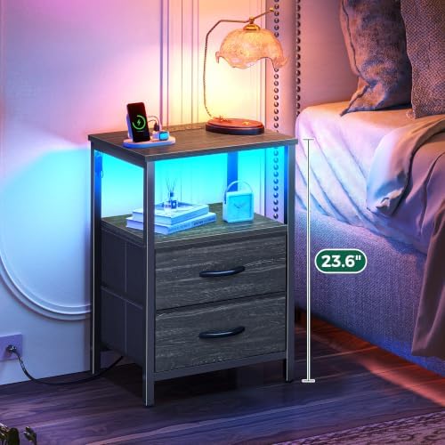 Huuger Night Stand with Charger Station and LED Lights, 2 Drawer Nightstand - Image 4