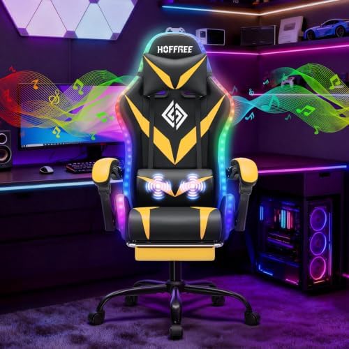 LED Gaming Chair with Speakers RGB Lights Massage Computer Chairs-Yellow | Bluetooth Game Chairs for Adults;Ergonomic High Back Video Game Chair; Reclining Gamer Chair with Footrest Lumbar Support by HOFFREEOfficial
