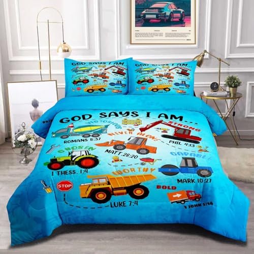 Boys Construction Vehicles Truck Comforter Set Twin,Christian Kids God Says I Am Construction Bedding Set,Car Excavator Tractor Bedroom Set（1 Comforter 2 Pillowcase） Blue by GRATTIOC