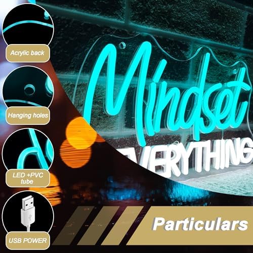 Mutank Mindset Is Everything Neon Sign Wall Decor, Motivational Neon Light USB Powered LED Dimmable, for Classroom Decor Office Gym Library Bedroom Bar Sign(14.1 * 7.8 In) - Image 6