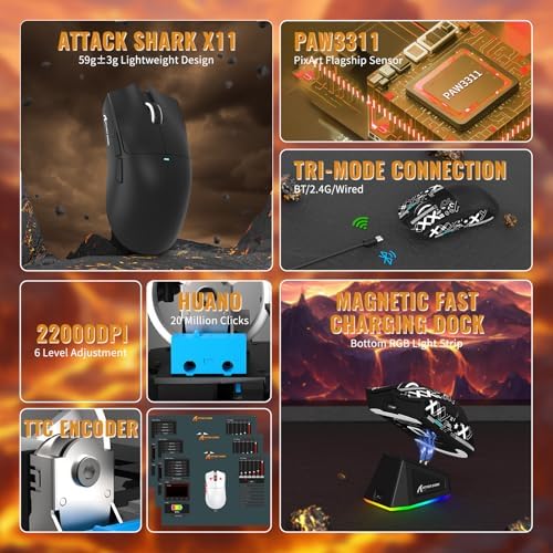 ATTACK SHARK X11&X60HE Mechanical Wireless Gaming Combo,Rapid Trigger Magnetic Switches 8K Keyboard,59g Ultra-Light Mouse with Charging Dock, 22K DPI,PAW3311,RGB Backlit 3-Mode with Coiled Cable-Black - Image 3
