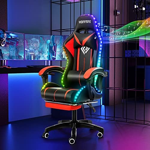 HOFFREE RGB Gaming Chair with Speakers Massage LED Lights Game Chair-Red | Bluetooth Computer Gaming Chair with Footrest Video Game Chair for Adults Ergonomic High Back Gamer Chair with Lumbar Support by HOFFREEOfficial