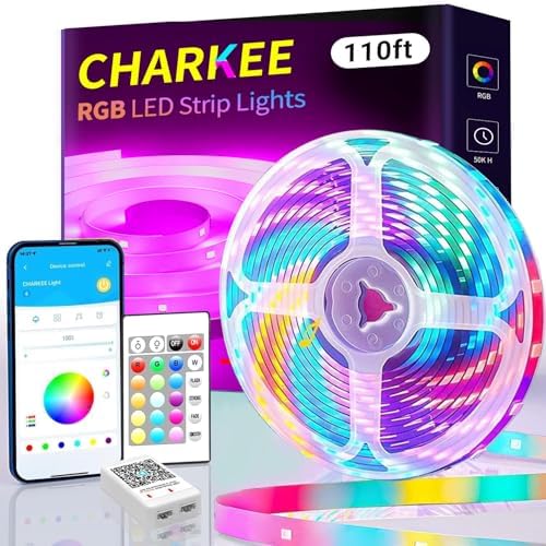 CHARKEE 110FT LED Strip Lights for Bedroom, RGB Color Changing Lights with Music Sync, Bluetooth App & Remote Control, 24V LED Light Strip for Room, Kitchen, Party & Home Decor (1 Roll) by CHARKEE
