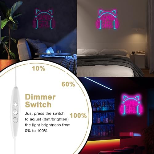 Mutank Gamer Girl Cat Headphones Neon Sign, Game Room Neon Sign USB Powered Game Headphone Sign LED Dimmable, for Gaming Room Bedrooms and Cat Ear Girl Man Caves Decor(13.3 * 12.2 In) - Image 6