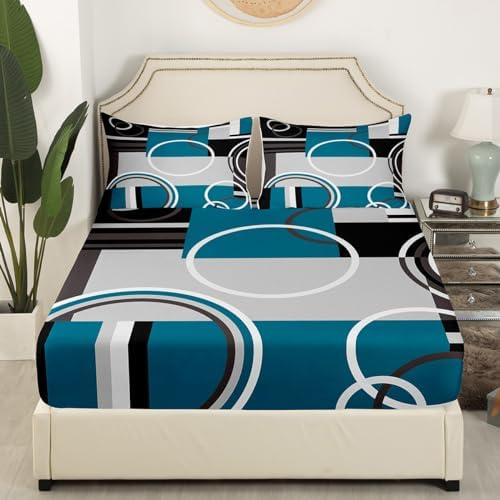 Erosebridal Modern Turquoise Decor Bed Sheets Gray Black Blue Stripes Geometric Sheet Set Twin Size Retro Circle Swirls Bedding Set Modern Abstract Texture Color Art Fitted Sheet - Image 4
