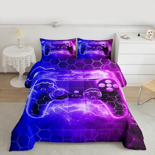 Feelyou Gamer Comforter Set Toddler Size, Gaming Comforter for Kids Purple Gamer Bedding Set Game Room Decor Duvet Set Durable Bed Set 2Pcs by Feelyou