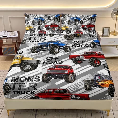 AILONEN Kids Boys Monster Truck Bedding Twin Size,Cartoon Truck Fitted Sheet Set Decor,Car Colorful Soft Vehicle Truck Kids Fitted Sheet with 2 Pillowcases,3 Pieces by AILONEN