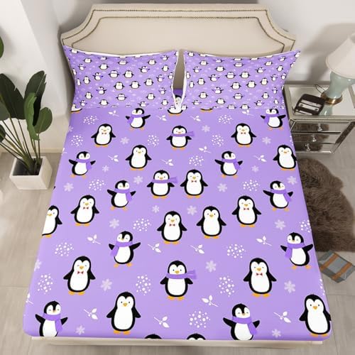 Penguin Bed Sheets Full Size Kawaii Penguin Sheet Set Antarctic Animal Fitted Sheet for Kids Boys Girls Teens Cartoon Cute Winter Theme Bedding Set Snowflake Pattern Flat Sheet Room Decor, Purple - Image 2