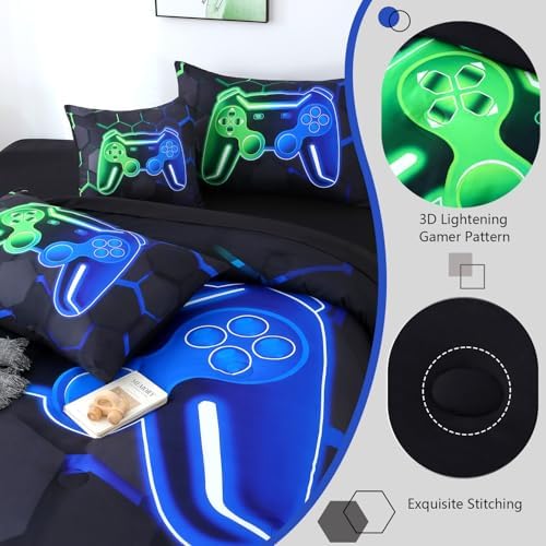 Gaming Twin Bedding Sets for Boys, Green and Blue Gamer Kids Comforter Set, 6 Pieces Game Console Bedding Comforter Sheet Set (Green Blue, Twin) - Image 5