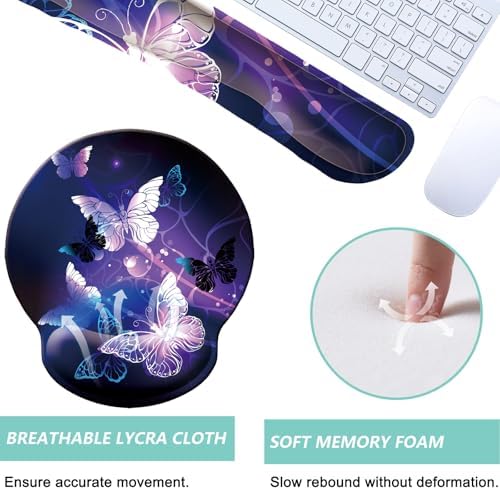 Keyboard Wrist Rest Pad Mouse Pad with Wrist Support Set of 3, Mousepad with Non-Slip Rubber Base, Ergonomic Memory Foam Mouse Wrist Cushion Support for Home Office Laptop Computer Gaming, Butterfly - Image 3