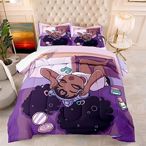 African American Comforter Sets, Pretty Black Girls Love Music Purple Duvet, Fluffy Afro Gilrs Comforter Bedding Set, Queen Size Black Girl Magic Comforter Sets 1 Comforter +2 Pillowcases - Image 2