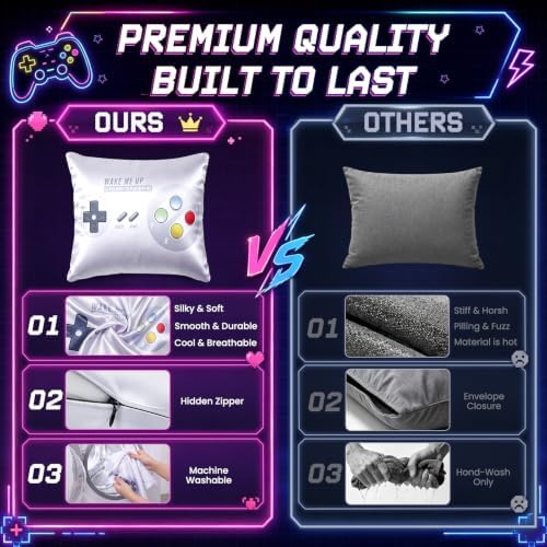 Pack of 2 Gamer Throw Pillow Covers 18x18 Inch, Satin Silk Feeling Decorative Pillow Cases with Hidden Zipper, Game Controller Design for Boys Room Sofa Couch Bedroom Decor - Image 5