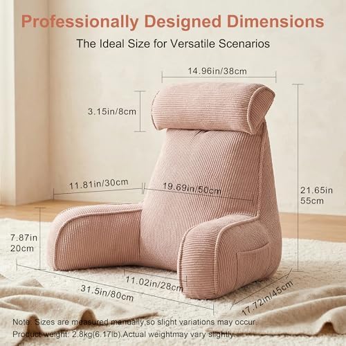 Reading Pillow for Sitting Up in Bed, Bed Rest Backrest Pillow with Arms, Corduroy Back Support Cushion with Side Pockets & Washable Cover, Comfort Support Pillow for Women & Moms, Pink - Image 4