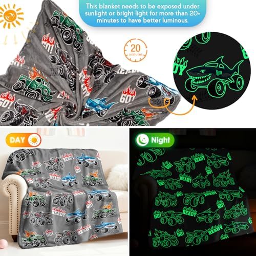Truck Shark Glow in The Dark Blanket Truck Toys Gifts for Kids Boys Teens Age 1-16 Years Old Toddlers Birthday Christmas Halloween Excavator Construction Tractor Car Throw Room Decor Grey 50"x 60" - Image 3