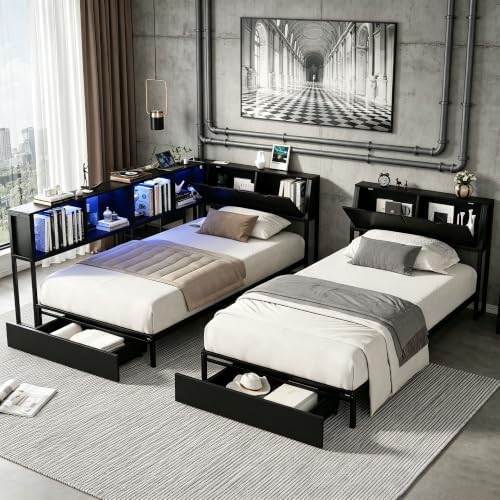 Black Corner Bed with Drawers, Bookcase, Light & Charging Station,Twin/Twin - Image 3