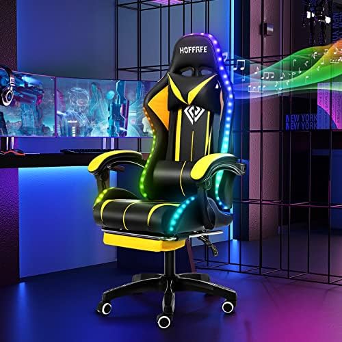 HOFFREE RGB Gaming Chair with Speakers Massage LED Lights Game Chair-Yellow | Bluetooth Computer Gaming Chair with Footrest Video Game Chair for Adults Ergonomic High Back Gamer Chair with Lumbar Support by HOFFREEOfficial